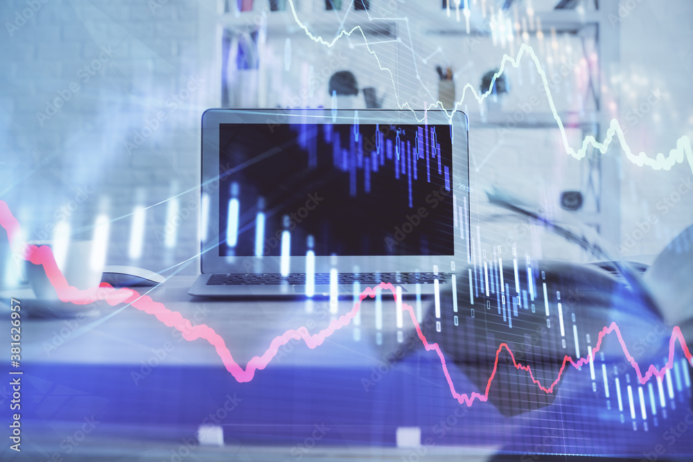 Stock market graph on background with desk and personal computer. Multi exposure. Concept of financial analysis. Stock market graph on background with desk and personal computer. Multi exposure. Concept of financial analysis.