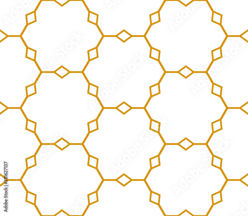 Hexagon punctuated with diamonds in a repeating gold outline pattern on a white background, geometric vector illustration