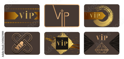 6 cartes VIP au format carte de crédit et au design artistique couleur taupe, cuivre et or.