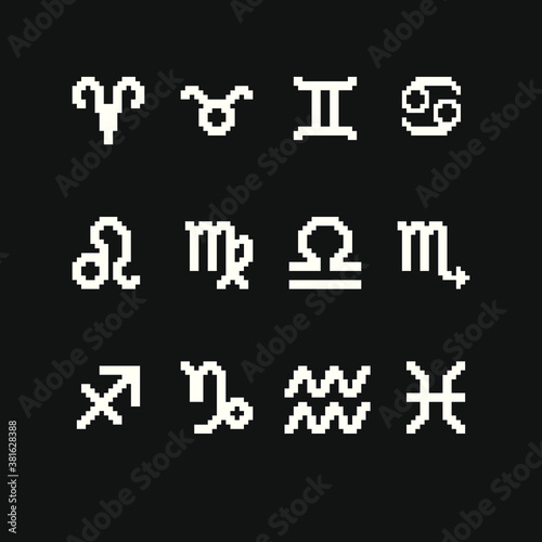 Zodiac Symbols pixel art icons set. Isolated vector illustration. Design stickers, logo and mobile app.