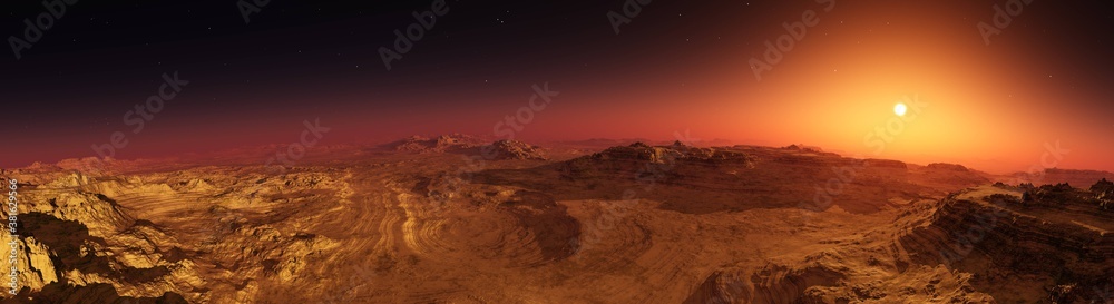Mars at sunset, mars surface, martian landscape, sunrise on mars, 3d rendering