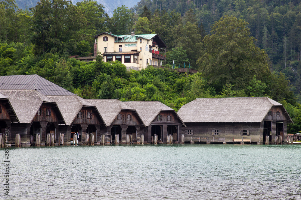 Boat houses for ferries on Koenigssee Lake, Upper Bavaria, Bavaria, Germany, Europe Boat houses for ferries on Koenigssee Lake, Upper Bavaria, Bavaria, Germany, Europe