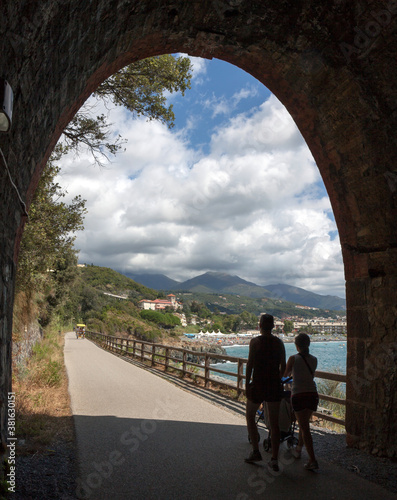Liguria, Italy: former railway track  transformed into a promenade and bicycle lane, connecting Varazze and Cogoleto: the lungomare or passeggiata Europa