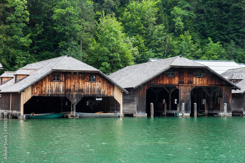 Boat houses for ferries on Koenigssee Lake, Upper Bavaria, Bavaria, Germany, Europe