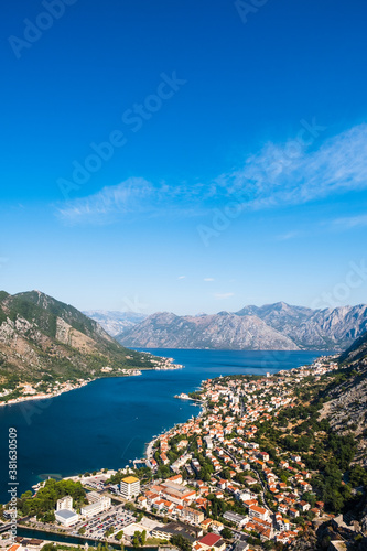 Panoramic view of Kotor old town and bay of Kotor from old castle. Balkans, Adriatic sea, Europe.