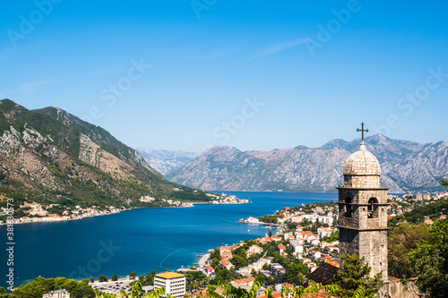 Kotor bay in Montenegro. Panoramic view from of Kotor old town and church tower. Balkans, Adriatic sea, Europe.