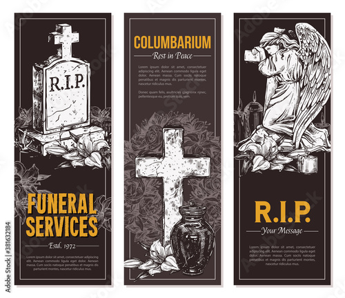 Funeral service vector hand drawn design of banners. Sketch illustration for condolence card and advertising of columbarium and cemetry with urn for ashes, vintage tombstone angel, wreath, cross