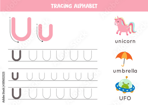 Tracing alphabet letter U with cute cartoon pictures.
