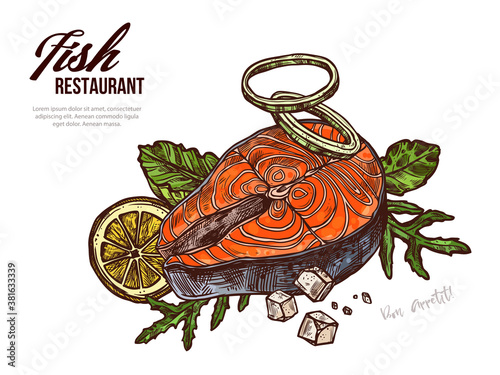 Salmon steak hand drawn vector web banner template. Red fish piece with veggies and lemon outline color illustration. Seafood, omega and vitamins rich food sketch. Fish with herbs drawing