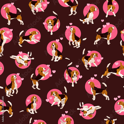 Seamless pattern with cute flat beagle puppy in various poses and action. Bright vector background with plaing funny dogs on brown and pink