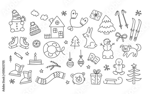 Set of winter christmas objects in doodle style. Hand drawn snowman, hat, mittens, skates, christmas tree. Vector illustration on white background