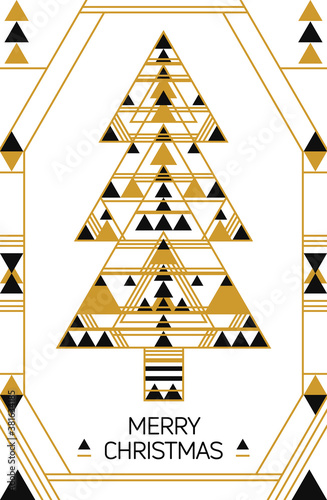 Christmas card with the Christmas tree and ornaments drawing in the geometric style