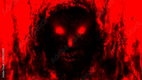 Scary demonic monk head in hood. Illustration in genre of horror. Black and red background color. Spooky nightmares image. Gloomy character concept. Fantasy drawing for Halloween. Coal and ink effects photo