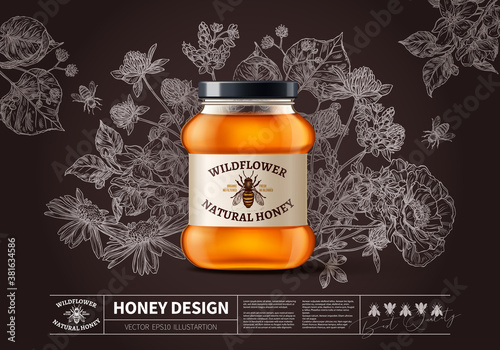 Natural organic wildflower honey in realistic 3d glass jar with vintage hand drawn etching flowers on blackboard. Vector chalkboard illustration for package design of beekeeping advertising poster