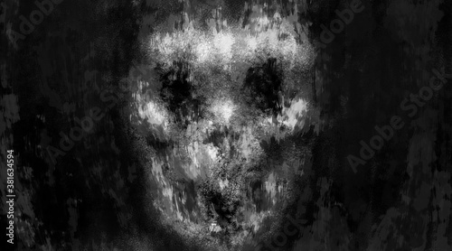 Scary illustration of evil skull face. Dark theme concept art. Black and white background. Horror image for Halloween. Grunge, dirty, coal and noise effects. Gloomy character from nightmares.