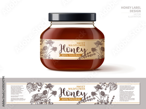 Wildflower organic natural honey in realistic 3d glass jar with label. Design of package with hand drawn sketch of lavender, clover and linden. Vector illustration with layout or temlate of tag