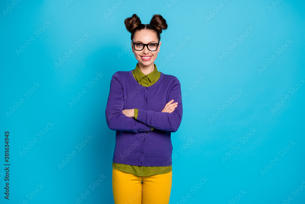Portrait of her she nice attractive pretty lovely smart cheerful cheery girl geek folded arms isolated on bright vivid shine vibrant blue green teal turquoise color background
