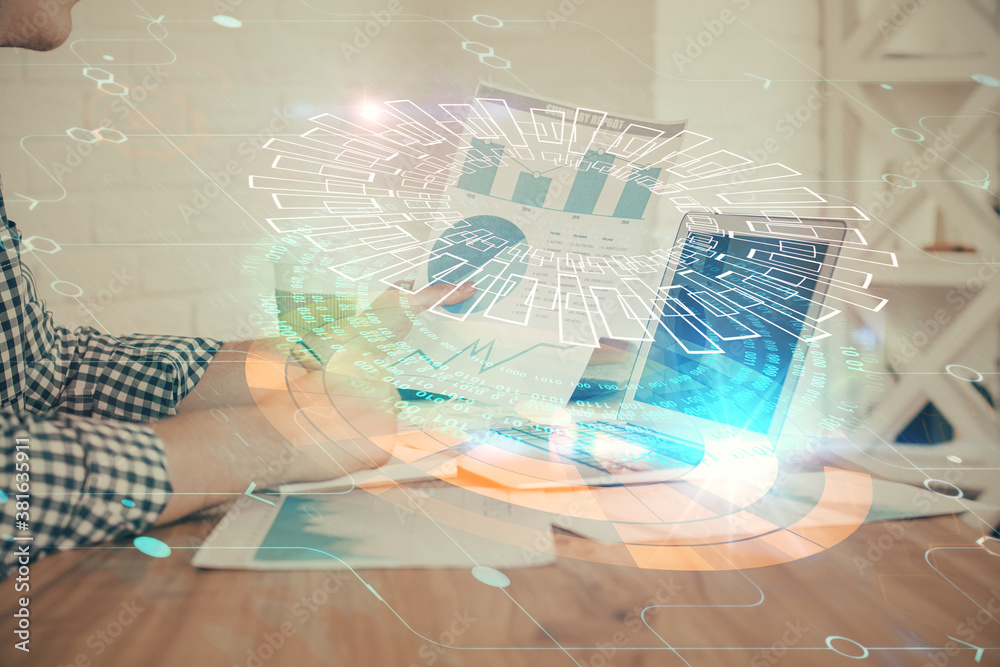Double exposure of tech drawings with hands working on computer background. Concept of innovation. Double exposure of tech drawings with hands working on computer background. Concept of innovation.