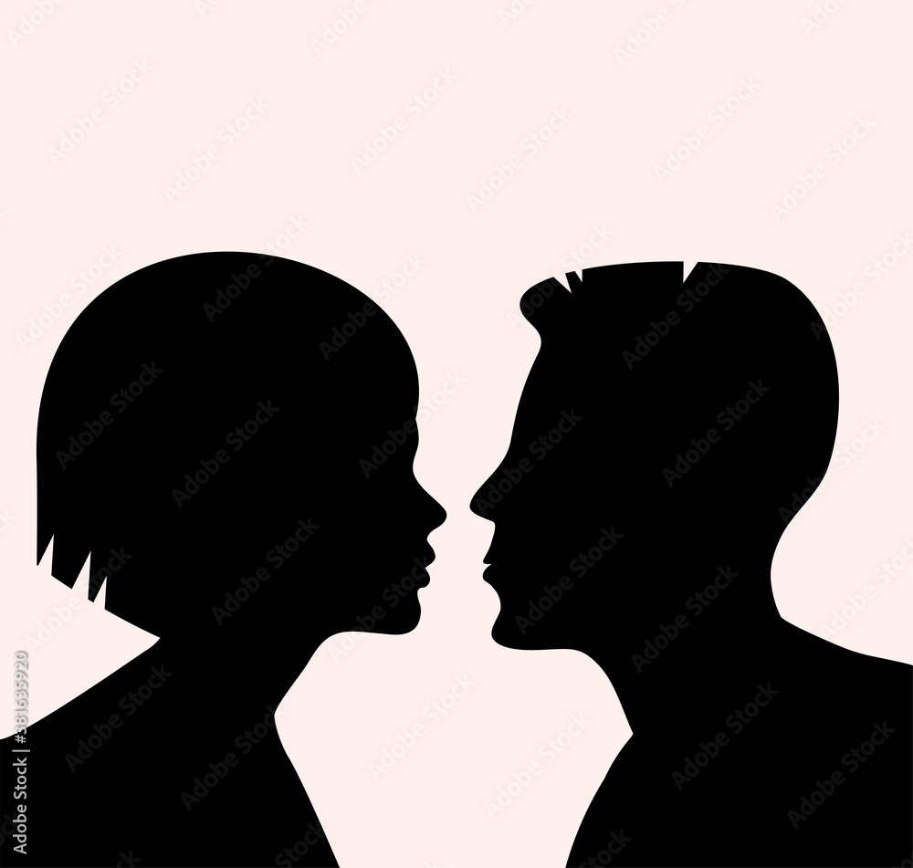 Young couple silhouette in love. Second before kiss. vector illustration. Place for an inscription.