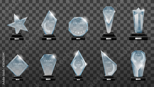 Winner glass trophy. Glass Trophy Award. First place award, crystal prize and signed acrylic trophies. photo