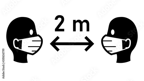Social Distancing Keep Your Distance 2 m or 2 Metres Sign with People wearing Face Masks and Distance Arrow. Vector Image.