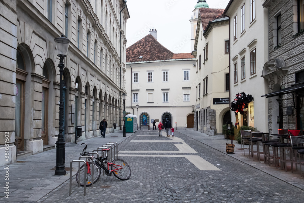 The old street and the exterior of historic architecture in the downtown of Ljibljana, Slovenia