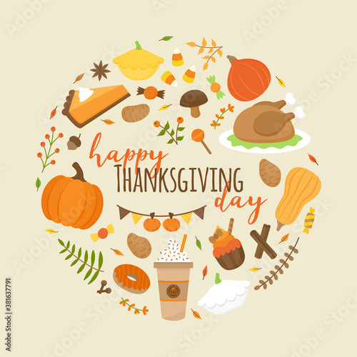 Happy Thanksgiving day vector round illustration graphic. Autumn thanksgiving greeting card design. Food and plant icons in circle around writing. Isolated on beige background.