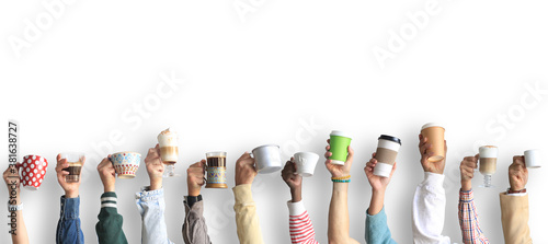 People are holding mugs and paper cups of coffee. Concept on the theme of cafes and coffee.