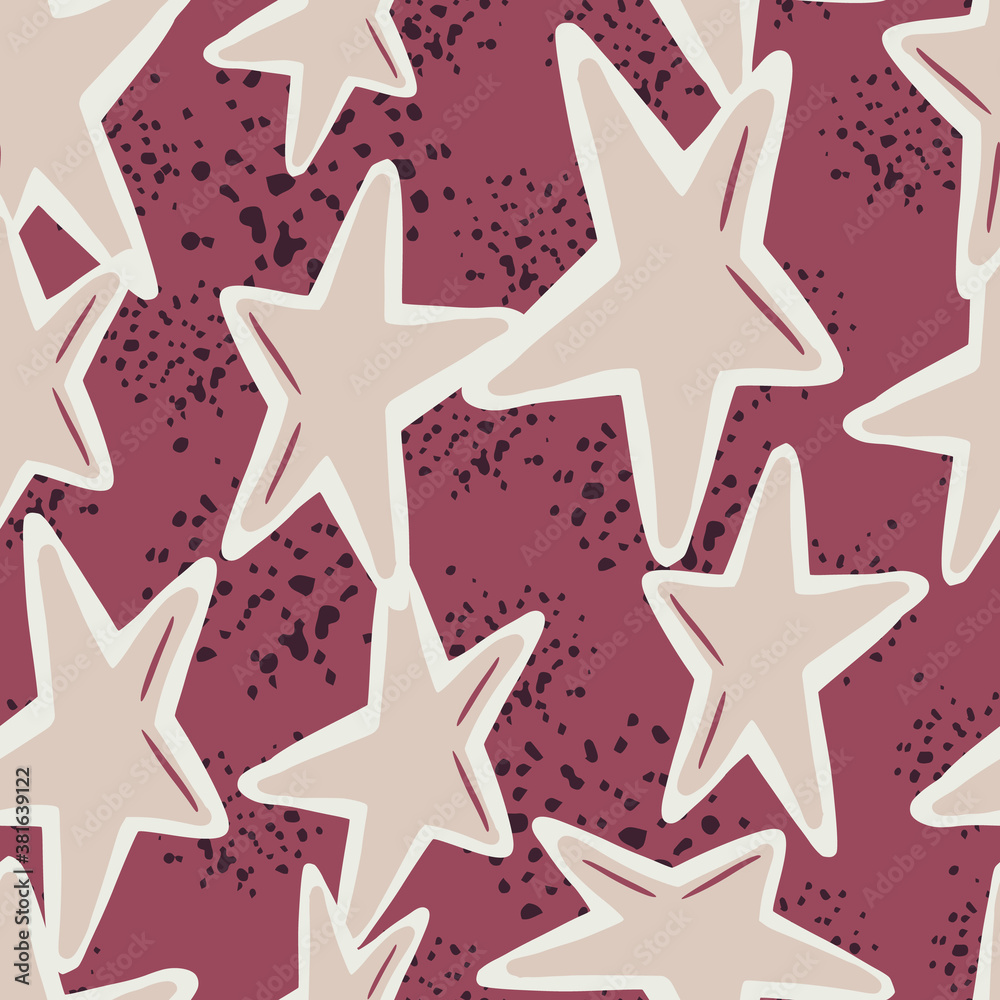 Random seamless pattern with doodle hand drawn star silhouettes. Light beige geometric ornament on dark pink background with splashes.