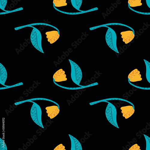 Contrast seamless floral pattern with yellow and blue colored elements. Black background. Bright botanic artwork.