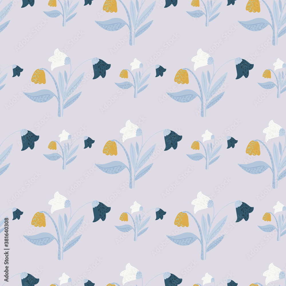 Seamless nature pattern with forest flowers. Botanic village bouquet with yellow, blue and orange buds on light background.