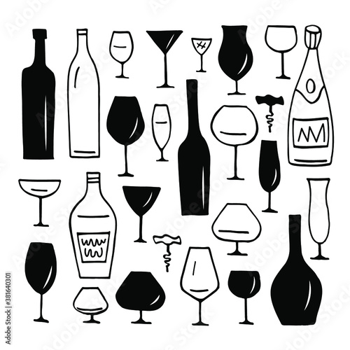 Graphic background with stylized alcohol bottles and wine glasses. Vector illustration