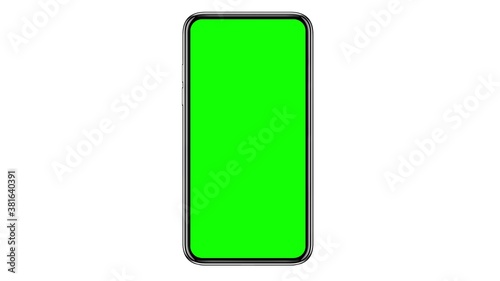 Mobile phone with blank green screen isolated on white background. 3d illustration