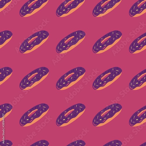 Delicious seamless pattern with purple colored donuts elements. Pink background. Tasty food backdrop.