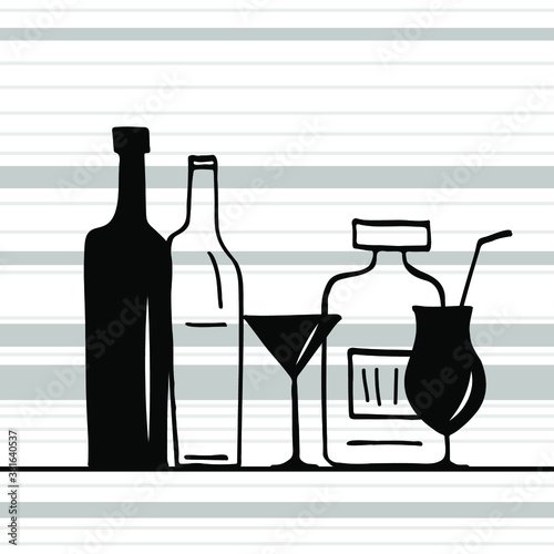 Graphic background with stylized bottle and wine glass. Menu page. Template. Copy space. Vector image.