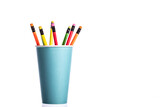 Bunch of multi colored wooden pencils with rubber eraser in blue disposable biodegradable paper cup isolated on white background. Recycling concept. Minimalism style. Copy space for advertisement
