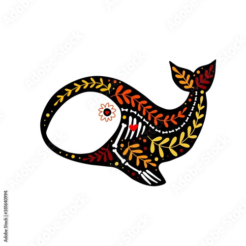 Vector colorful postcard. Dia de los Muertos, Day of the dead or Halloween concept. Whale skeleton with floral design, isolated on white background