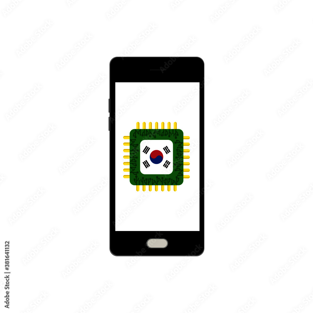 Technology mobile chip and south korea flag on white background Technology mobile chip and south korea flag on white background