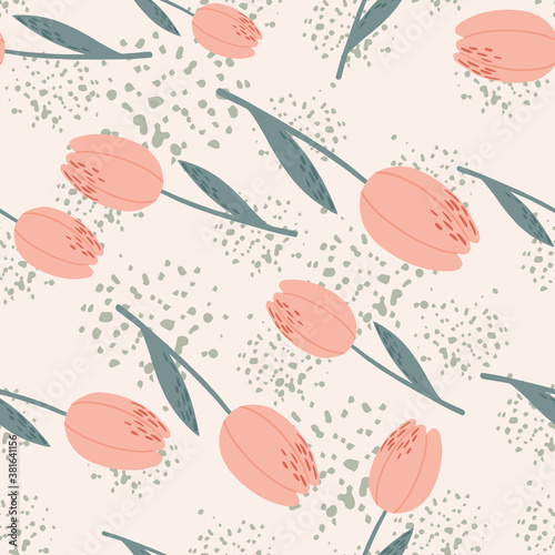 Random seamless pattern with pink tulip simple silhouettes. Light pastel background with splashes.