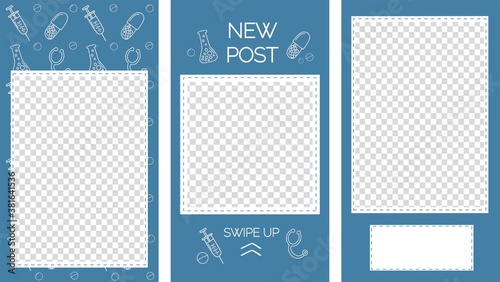Vector editable stories templates, posts for social media. Hospital or drug store concept, isolated on white background