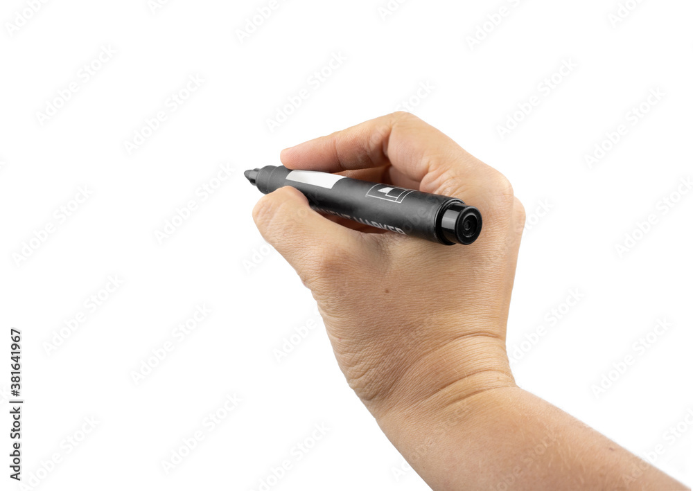Black marker in a hand. Isolated on white background. Whiteboard drawing mockup Black marker in a hand. Isolated on white background. Whiteboard drawing mockup