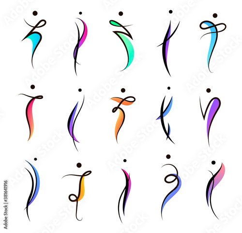 Vector set human body logos, people shapes, linear colorful stylezid figures. Use for fitness, wellness, sport competitions, other activities identity. Healthy lifestyle, dancing icons