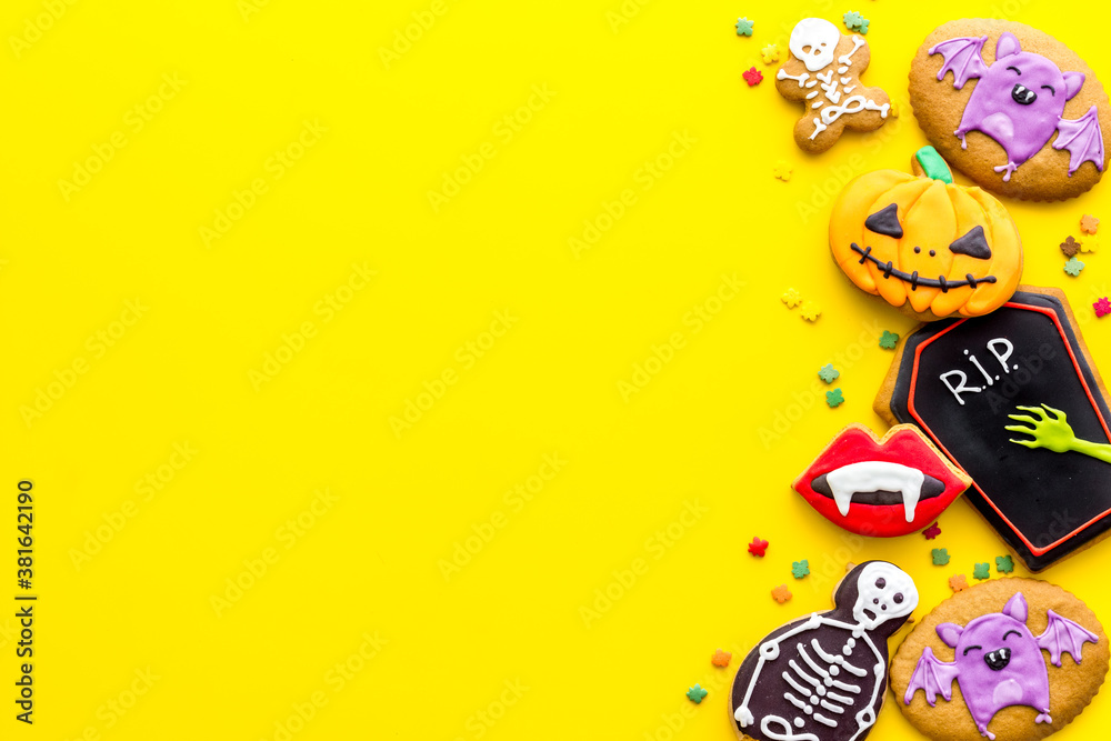 Overhead view of Halloween decorations with cookies and candies, top view Overhead view of Halloween decorations with cookies and candies, top view