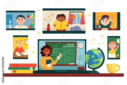 Online education. Teacher with junior school students using video conference service for e-learning, distant education from home. Vector illustration.