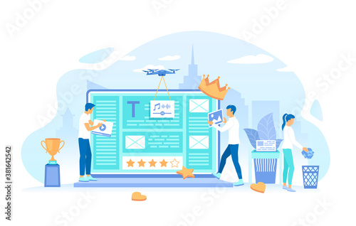 People create high quality content. Place photos, videos, audio, text files on the site. Content marketing, optimization, filtration, rating. Working process, teamwork communication. Vector 
