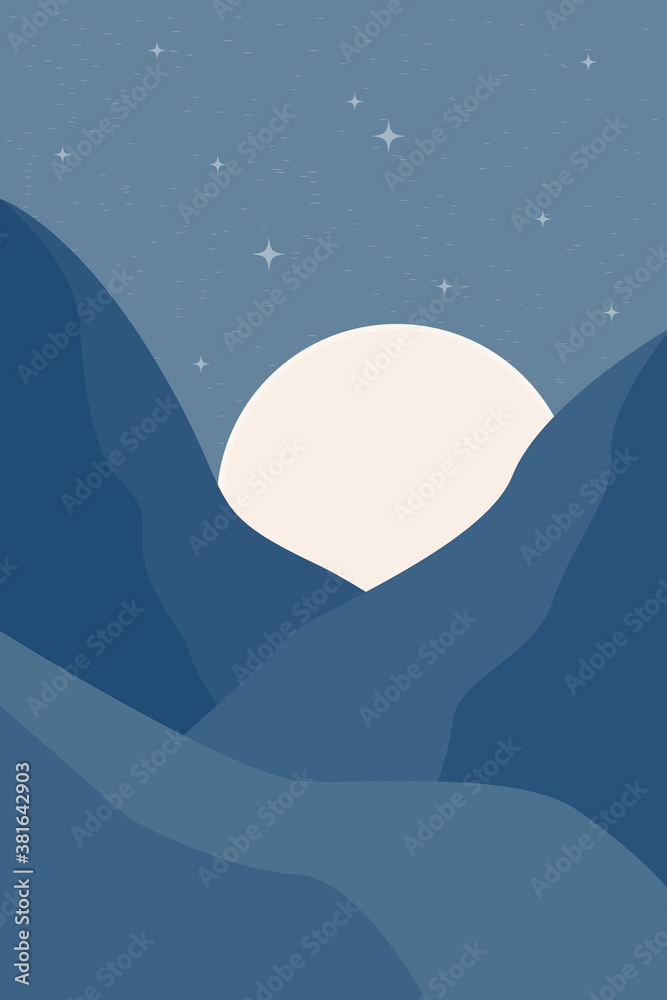 Obraz premium Abstract travel and vacation theme background. Modern minimal boho style poster template. Wall art printable poster. Mid century minimalist print. Boho blue colored sea landscape wall art print.
