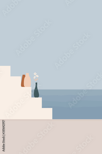 Abstract travel and vacation theme background. Modern minimal boho style poster template. Wall art printable poster. Mid century minimalist print. Boho  blue colored sea landscape wall art print.