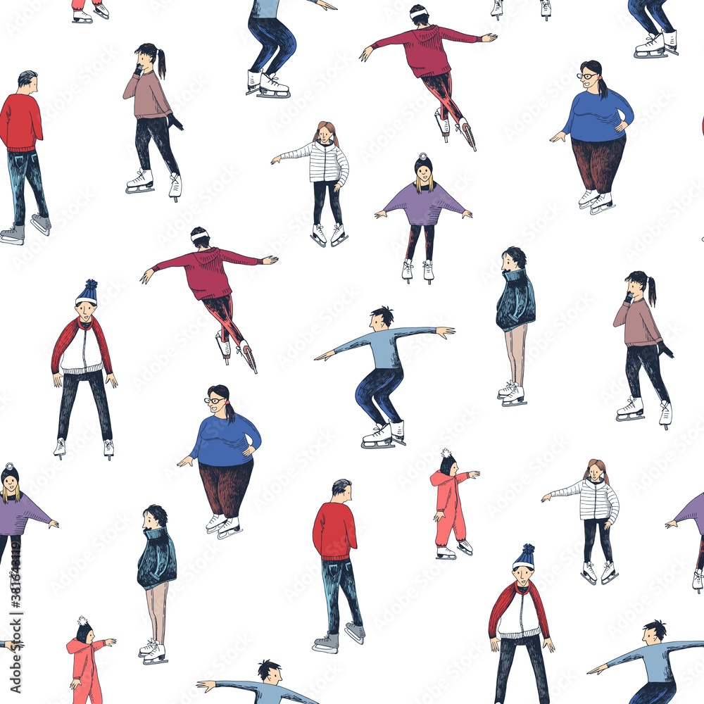 People on the ice rink seamless pattern