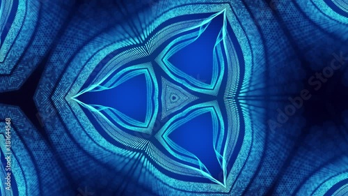 4k looped abstract blue background of glow particles form curved lines, surfaces simmetrical structures as in kaleidoscopic hologram. Sci-fi abstract theme with particle waves. photo