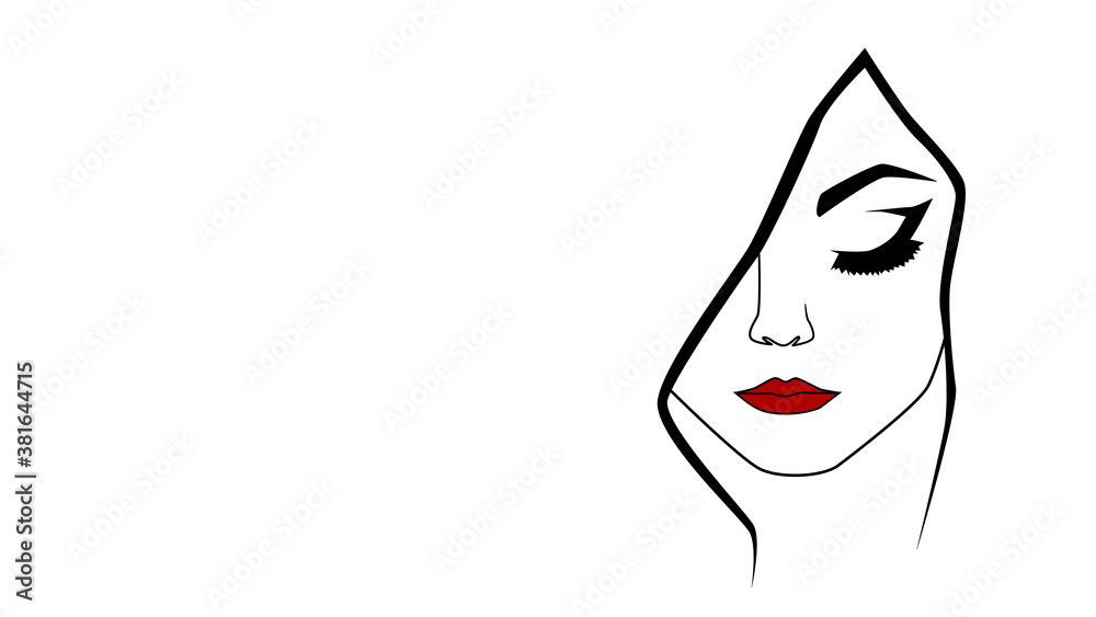 Beauty black and white silhouette, face of woman with red lips. Line art, female face with eyes down. Beauty salon icon. Concept of beuty, femininity Beauty black and white silhouette, face of woman with red lips. Line art, female face with eyes down. Beauty salon icon. Concept of beuty, femininity